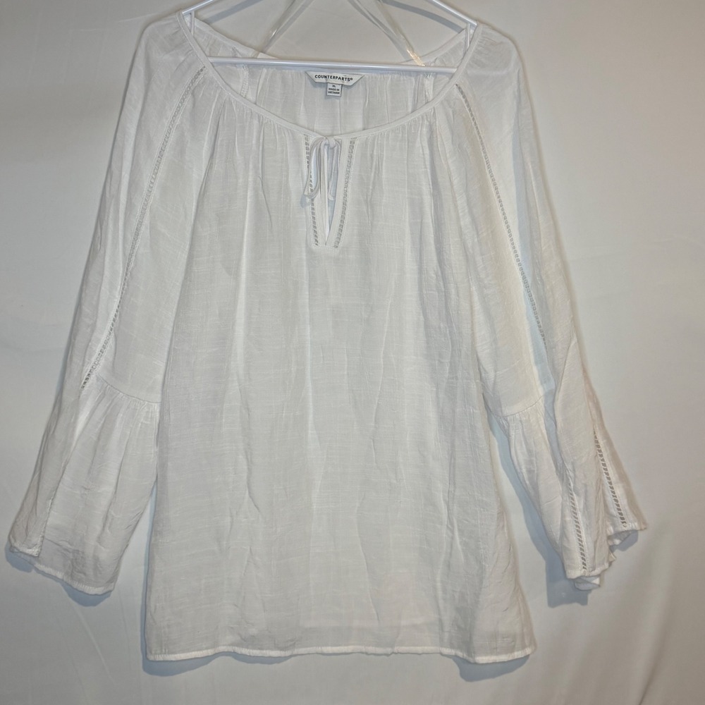 Counterparts White Cotton Blend Bell Sleeve Boho Peasant Blouse XL Tie Neck